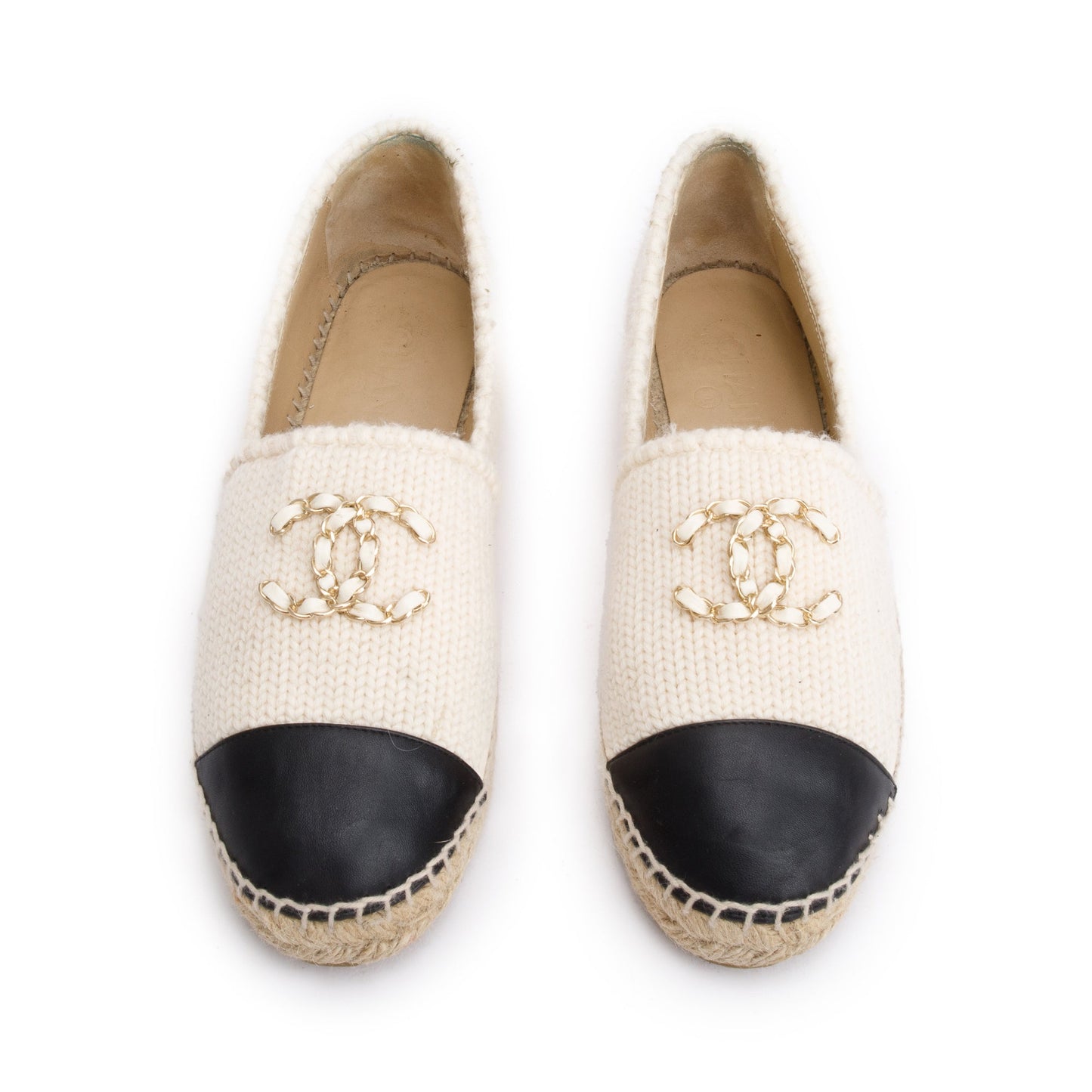 Chanel Neutral Wool Black Leather CC Logo Espadrilles, Size 40