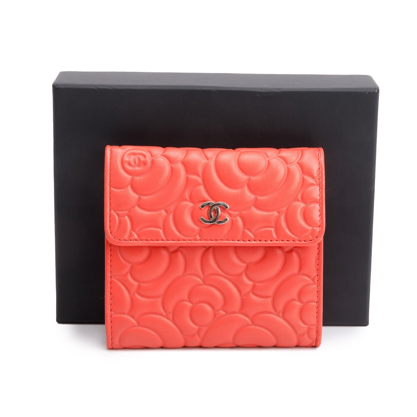 Chanel Orange Camellia Embossed Leather Trifold Compact Wallet