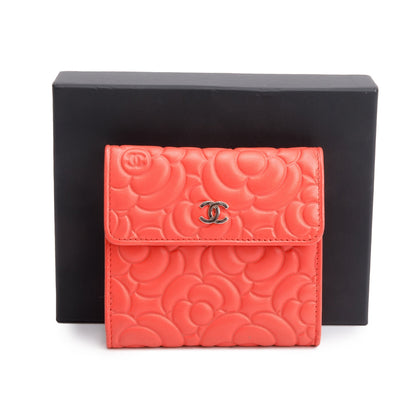 Chanel Orange Camellia Embossed Leather Trifold Compact Wallet
