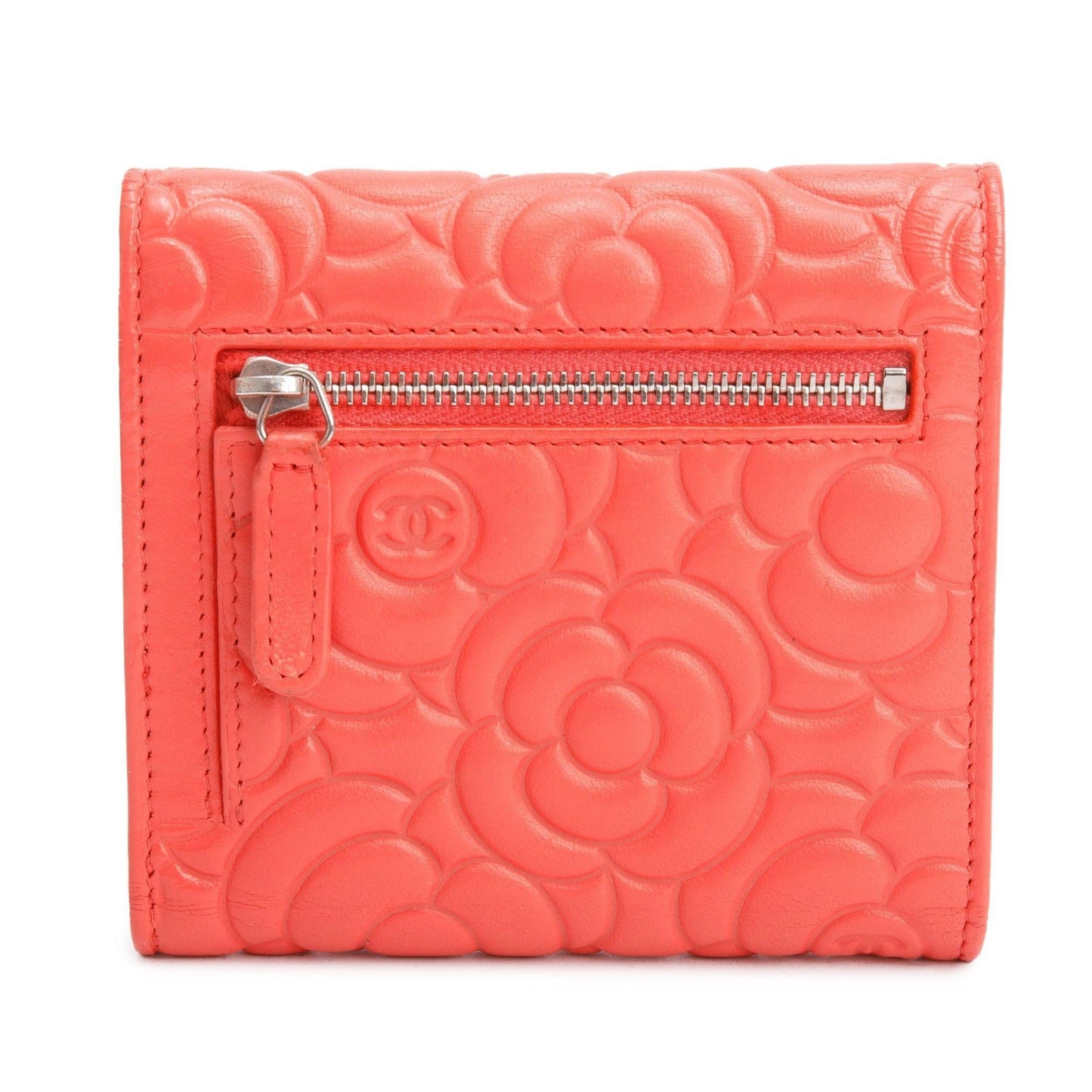 Chanel Orange Camellia Embossed Leather Trifold Compact Wallet