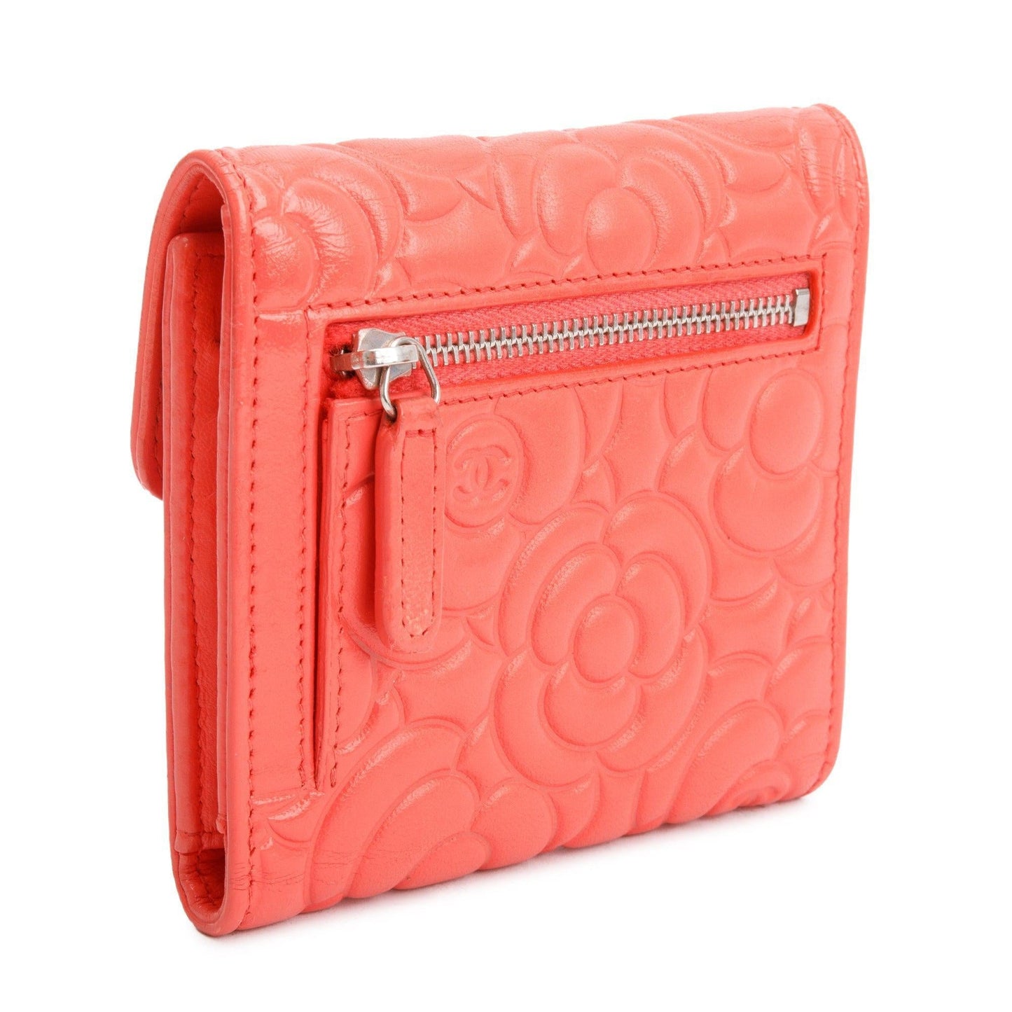 Chanel Orange Camellia Embossed Leather Trifold Compact Wallet