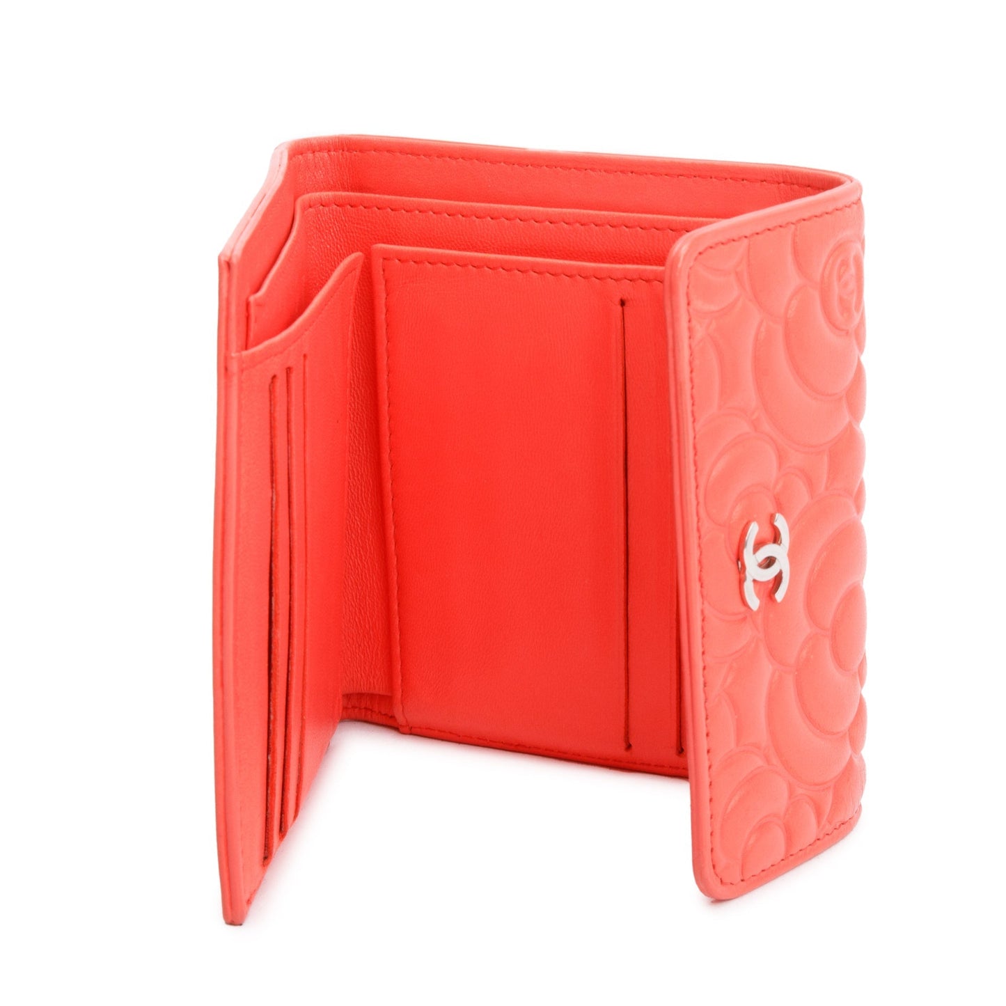 Chanel Orange Camellia Embossed Leather Trifold Compact Wallet