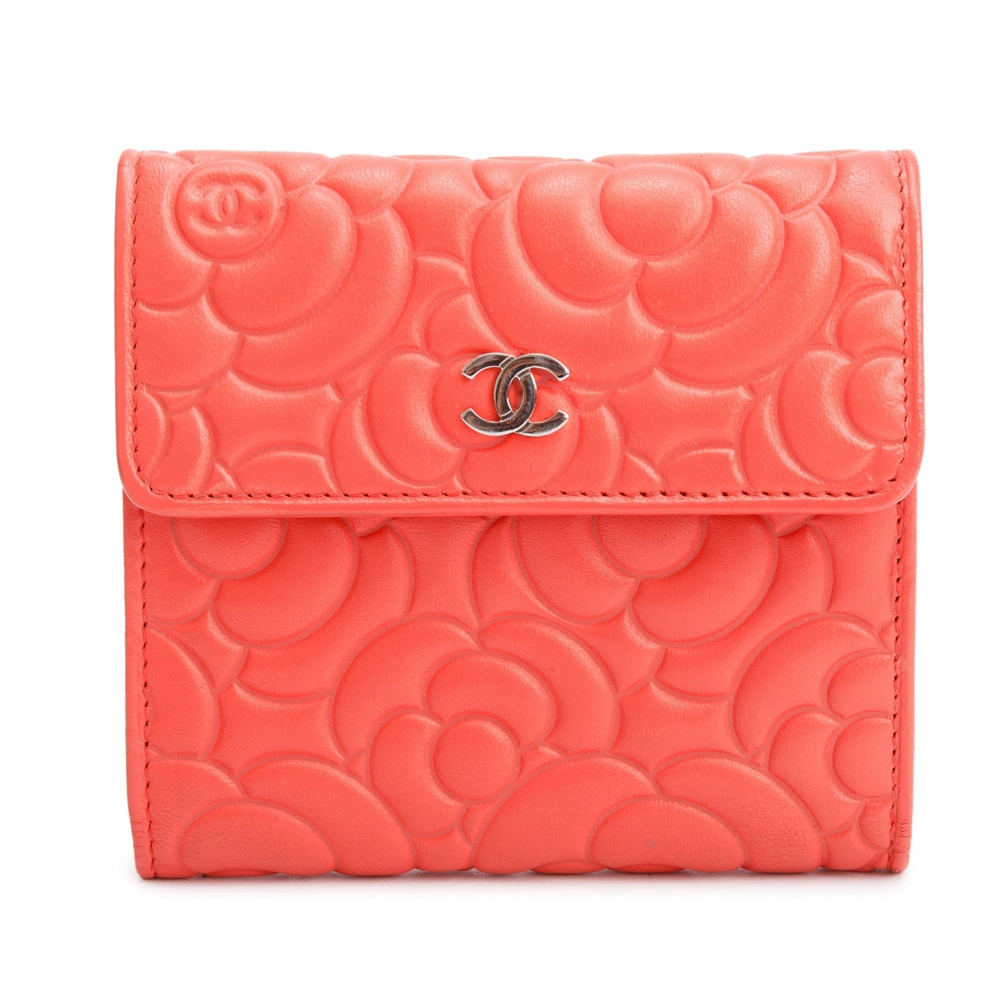 Chanel Orange Camellia Embossed Leather Trifold Compact Wallet