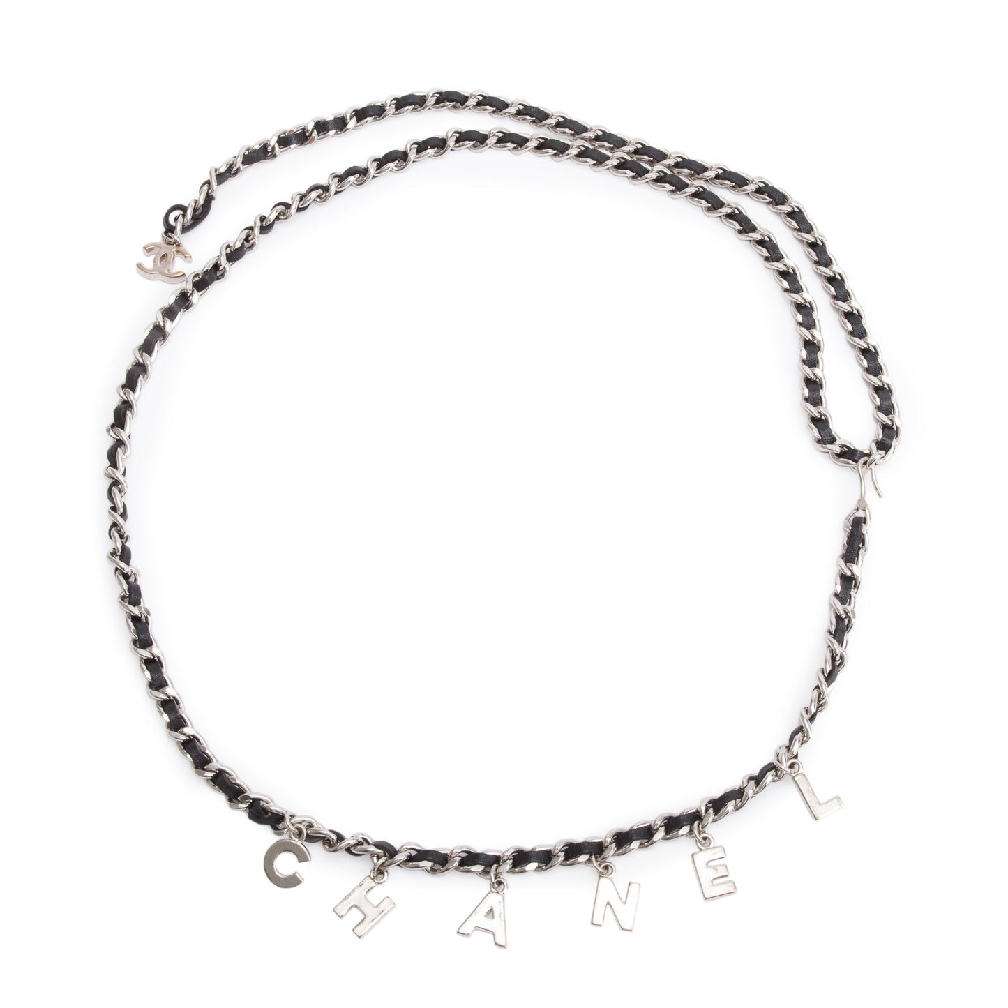 Chanel Palladium-Plated Chain-Link & Leather Interlocking CC Logo Letter Waist Belt