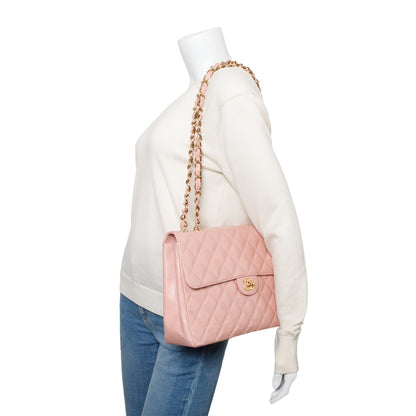 Chanel Vintage Pink Quilted Caviar Leather Square Classic Jumbo Single Flap Bag