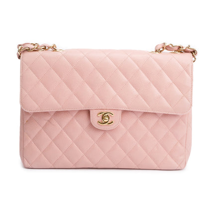 Chanel Vintage Pink Quilted Caviar Leather Square Classic Jumbo Single Flap Bag