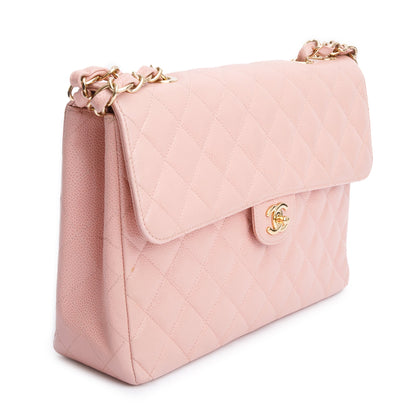 Chanel Vintage Pink Quilted Caviar Leather Square Classic Jumbo Single Flap Bag