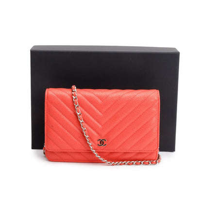 Chanel Pink Chevron Caviar Leather Classic Wallet on Chain