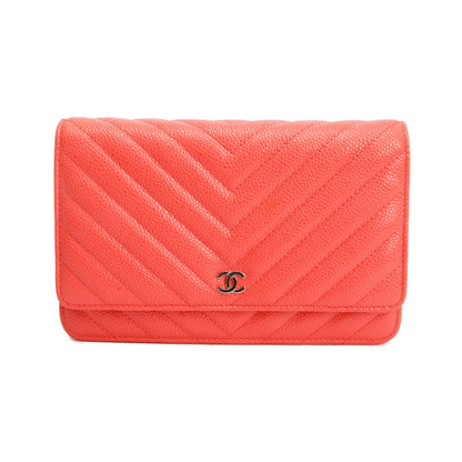 Chanel Pink Chevron Caviar Leather Classic Wallet on Chain
