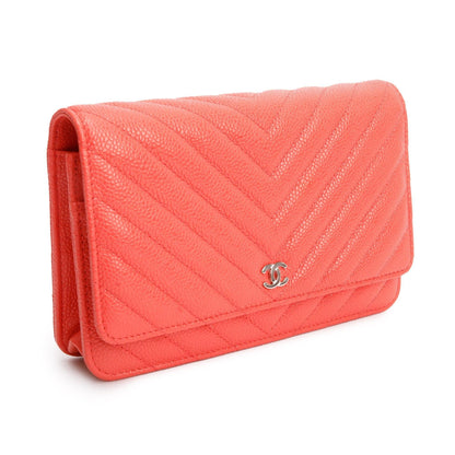 Chanel Pink Chevron Caviar Leather Classic Wallet on Chain