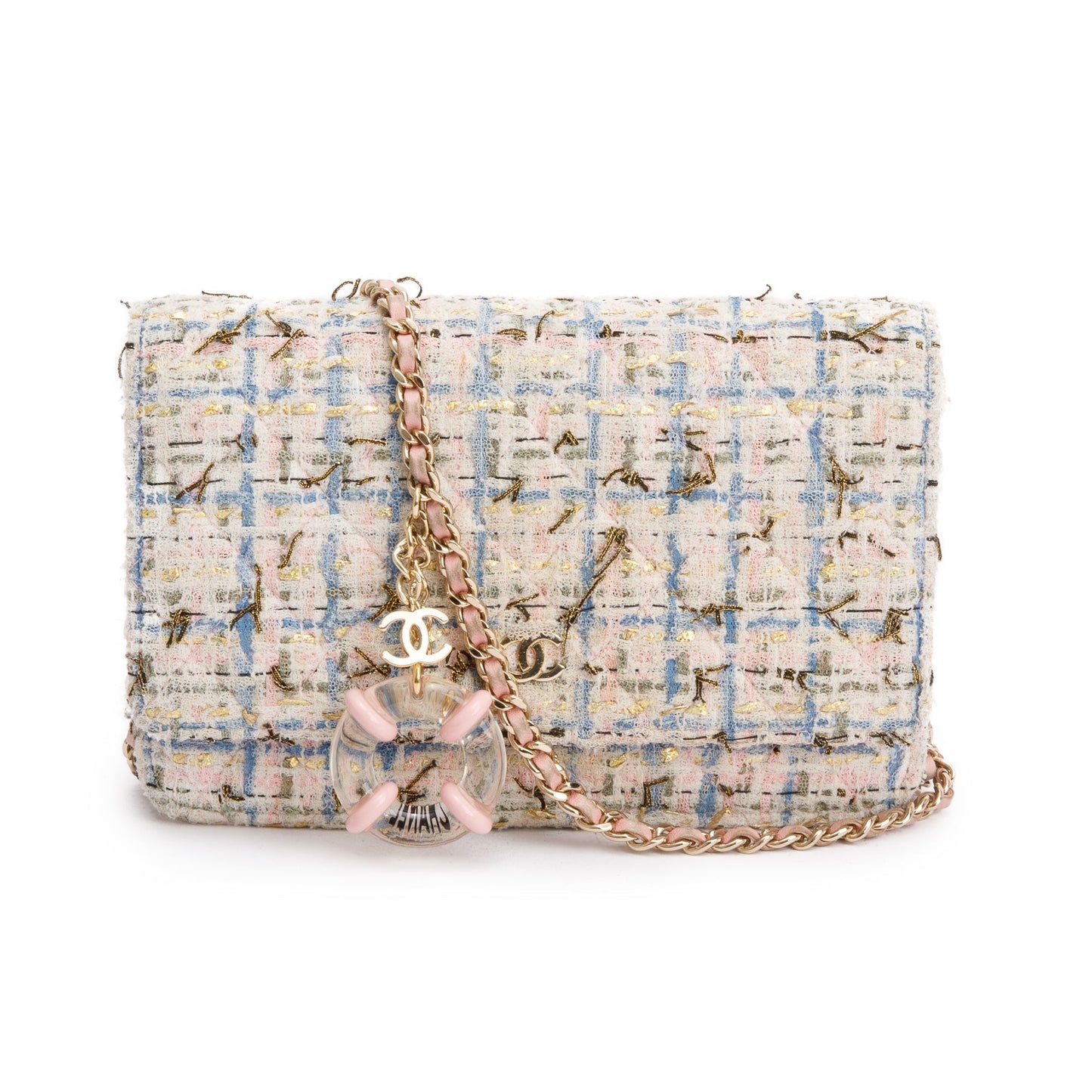 Chanel Pink Multicolor Tweed Classic Wallet On Chain