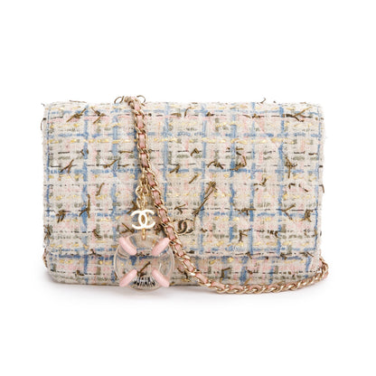 Chanel Pink Multicolor Tweed Classic Wallet On Chain