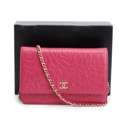 Chanel Pink Quilted Lambskin Leather Camellia Classic Wallet on Chain