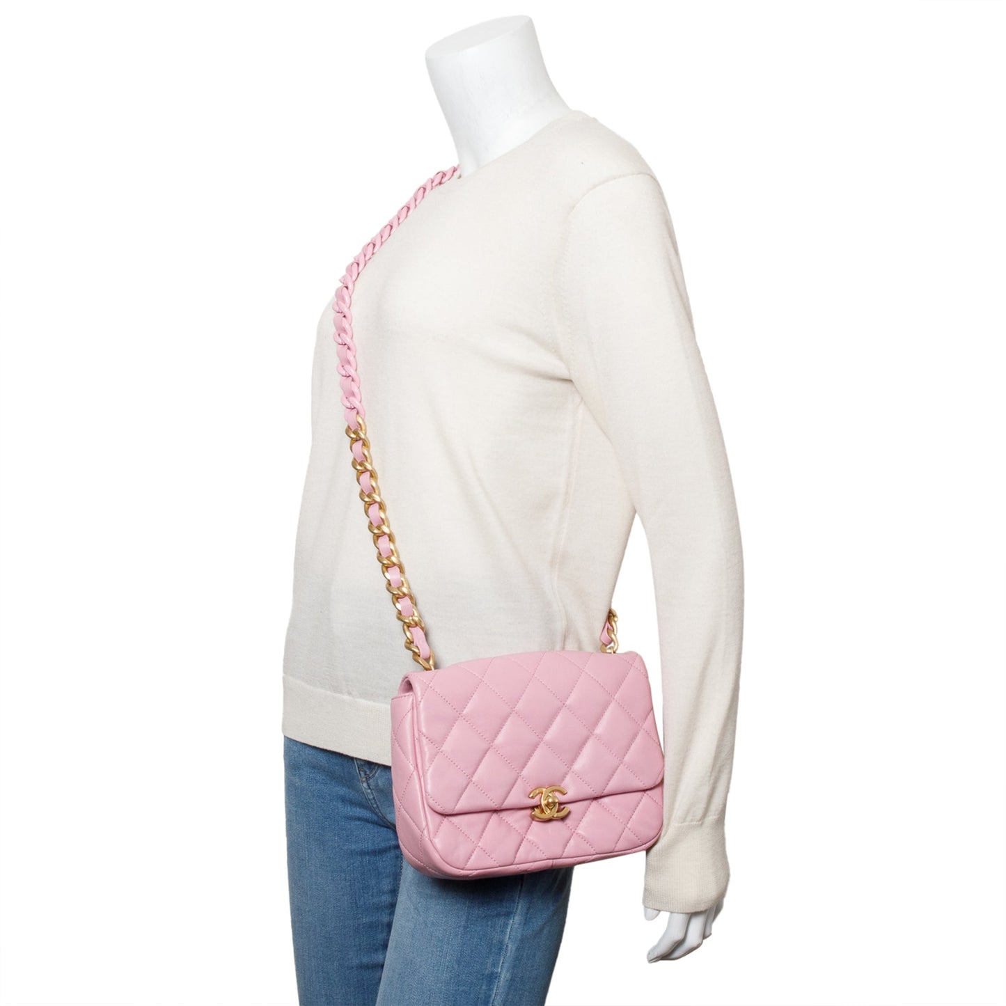 Chanel Pink Quilted  Lambskin Leather Small Lacquered Chain Flap Bag