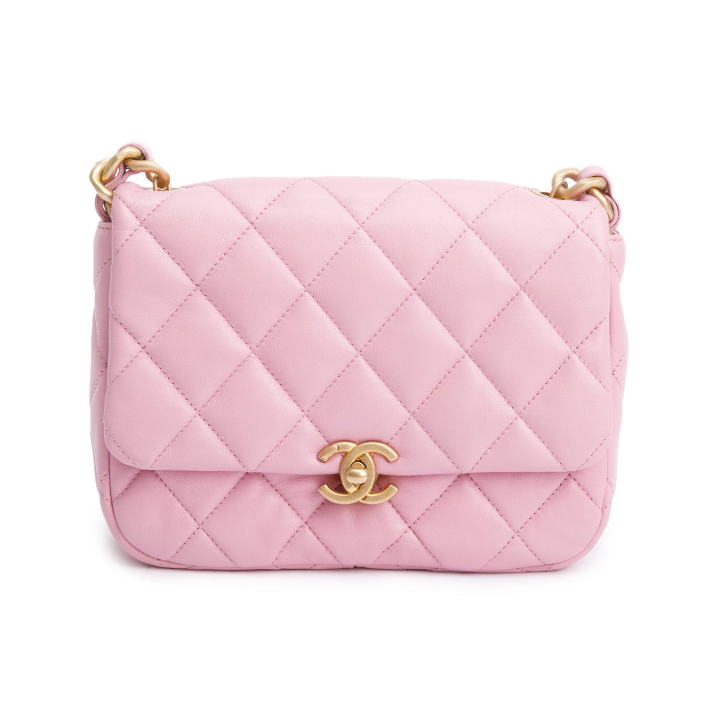Chanel Pink Quilted  Lambskin Leather Small Lacquered Chain Flap Bag