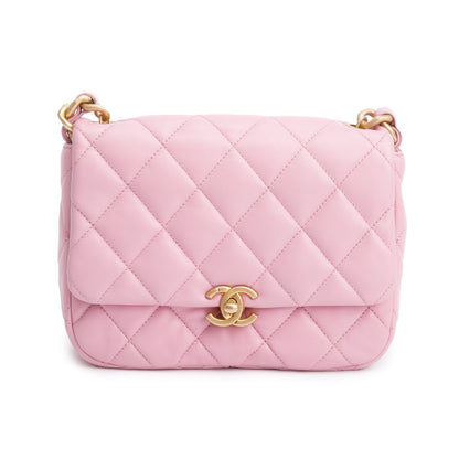 Chanel Pink Quilted  Lambskin Leather Small Lacquered Chain Flap Bag
