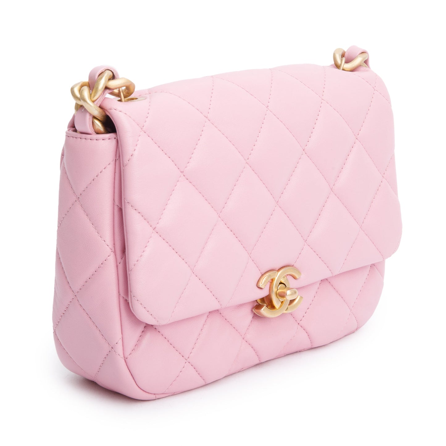 Chanel Pink Quilted  Lambskin Leather Small Lacquered Chain Flap Bag