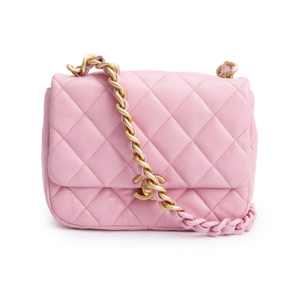 Chanel Pink Quilted  Lambskin Leather Small Lacquered Chain Flap Bag