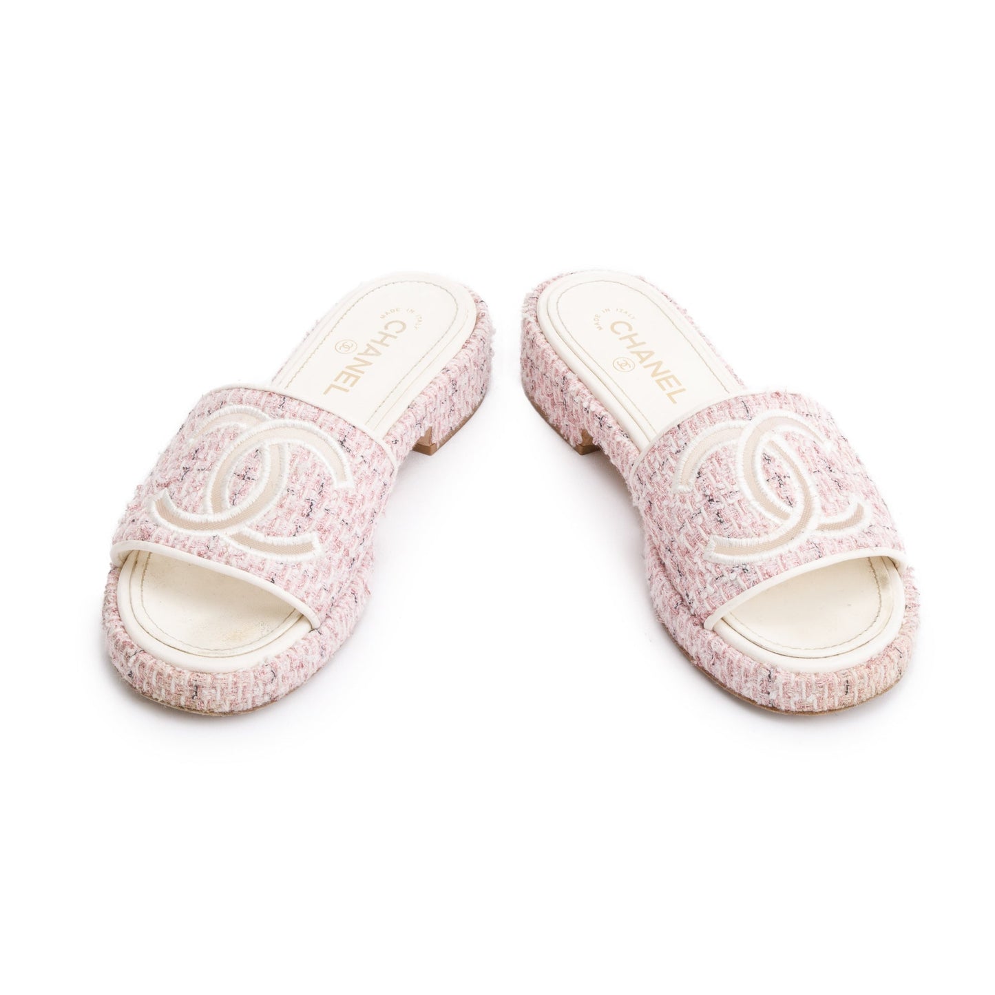 Chanel Pink Tweed CC Logo Slides, Size 40