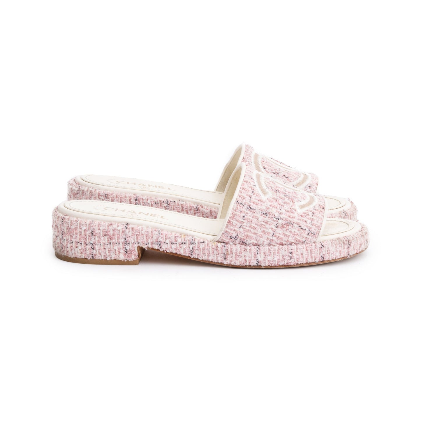 Chanel Pink Tweed CC Logo Slides, Size 40