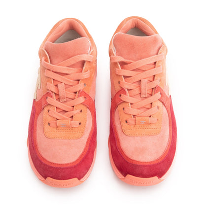 Chanel Pink/Red Suede CC Logo Sneakers, Size 38