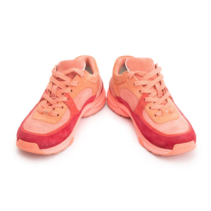 Chanel Pink/Red Suede CC Logo Sneakers, Size 38