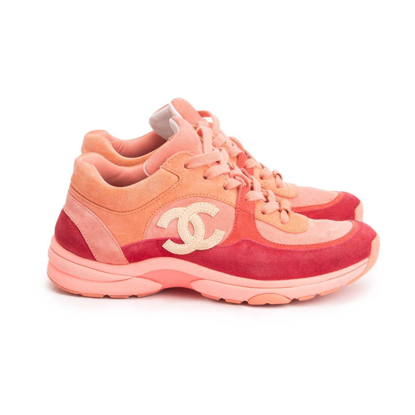 Chanel Pink/Red Suede CC Logo Sneakers, Size 38