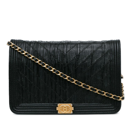 Chanel Pleated Crumpled Chevron Le Boy Wallet On Chain