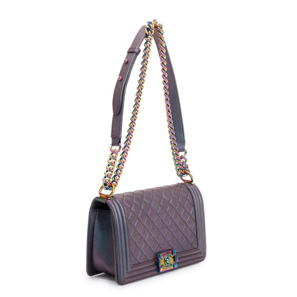 Chanel Purple Iridescent Quilted Calfskin Leather Medium Boy Bag