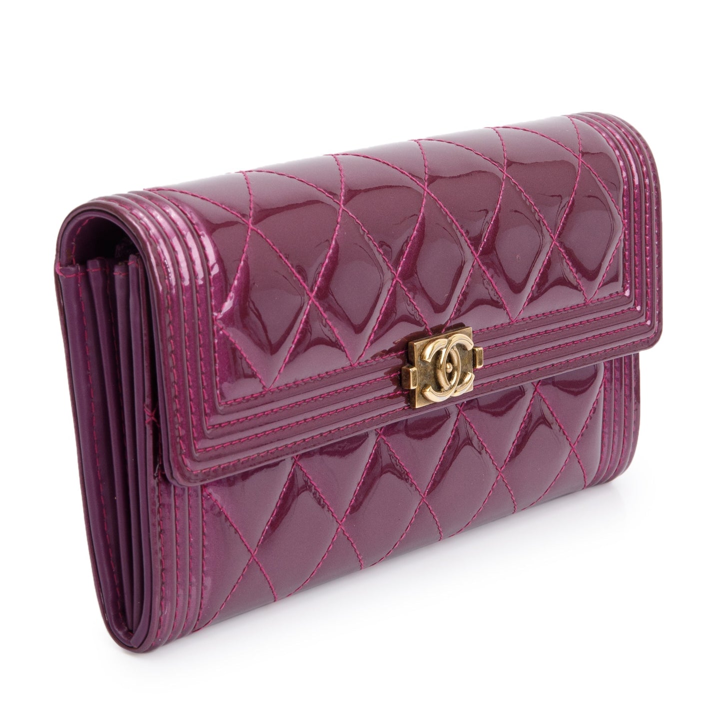 Chanel Purple Quilted Patent Leather Boy Long Flap Wallet