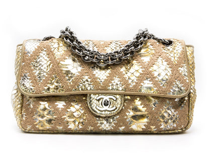 CHANEL METALLIC GOLD PYTHIN CROCHET FLAP BAG