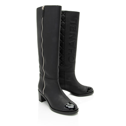 Chanel Quilted Calfskin Patent Leather Cap Toe Logo Boots - Size 7 / 37 (SHF-1bljRC)