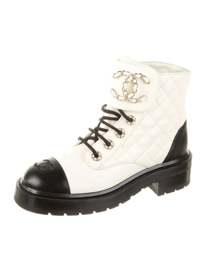 CHANEL CC QUILTED LEATHER CAP TOE CHAIN LINK LOGO COMBAT BOOTS