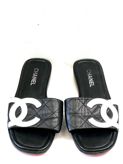 CHANEL QUILTED LEATHER CAMBON CC SLIDE SANDALS