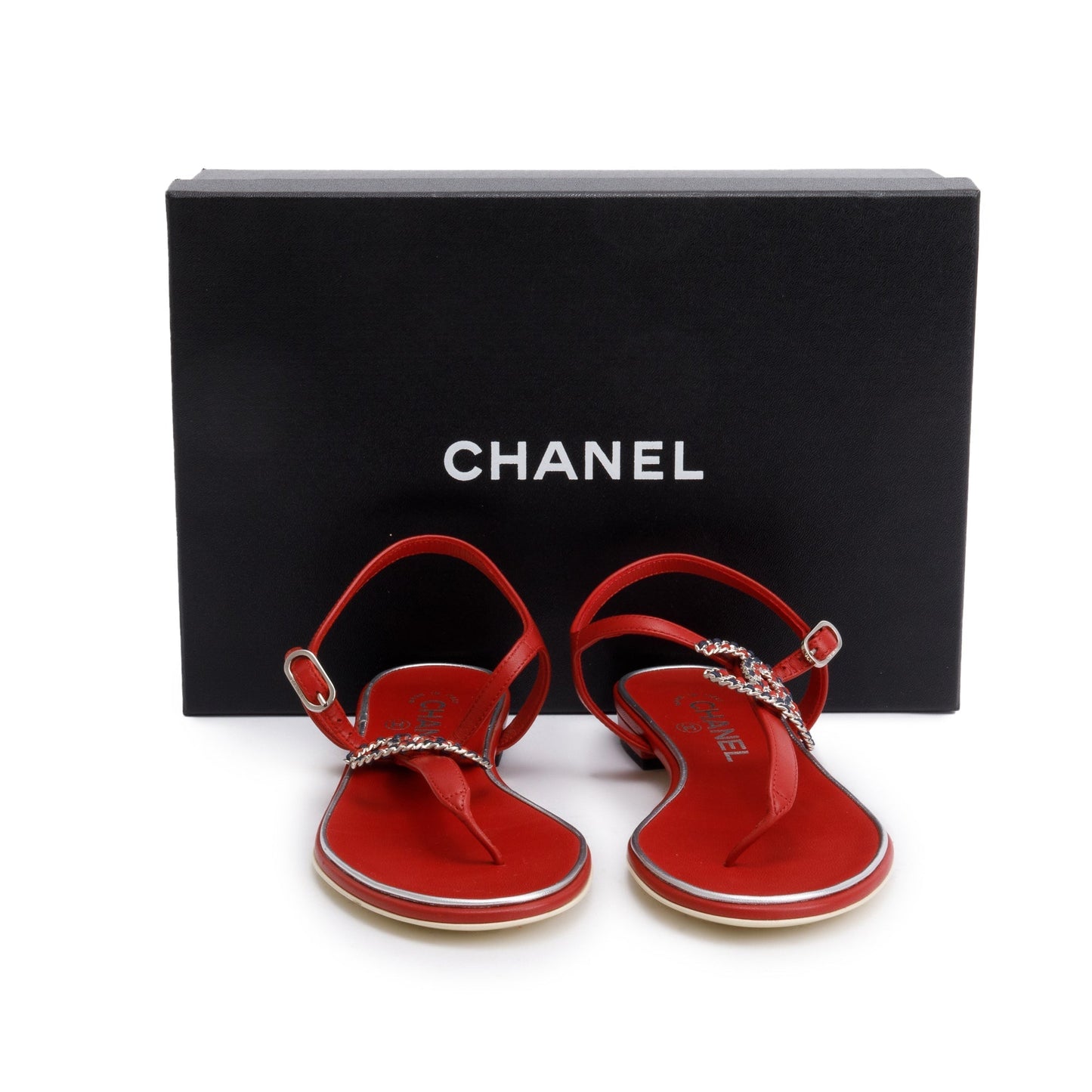 Chanel Red Calfskin Leather CC Logo T-Strap Sandals, Size 37