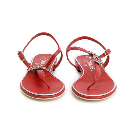 Chanel Red Calfskin Leather CC Logo T-Strap Sandals, Size 37