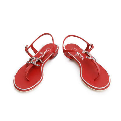 Chanel Red Calfskin Leather CC Logo T-Strap Sandals, Size 37