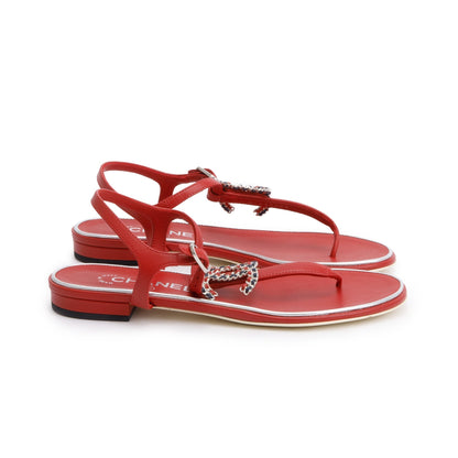 Chanel Red Calfskin Leather CC Logo T-Strap Sandals, Size 37