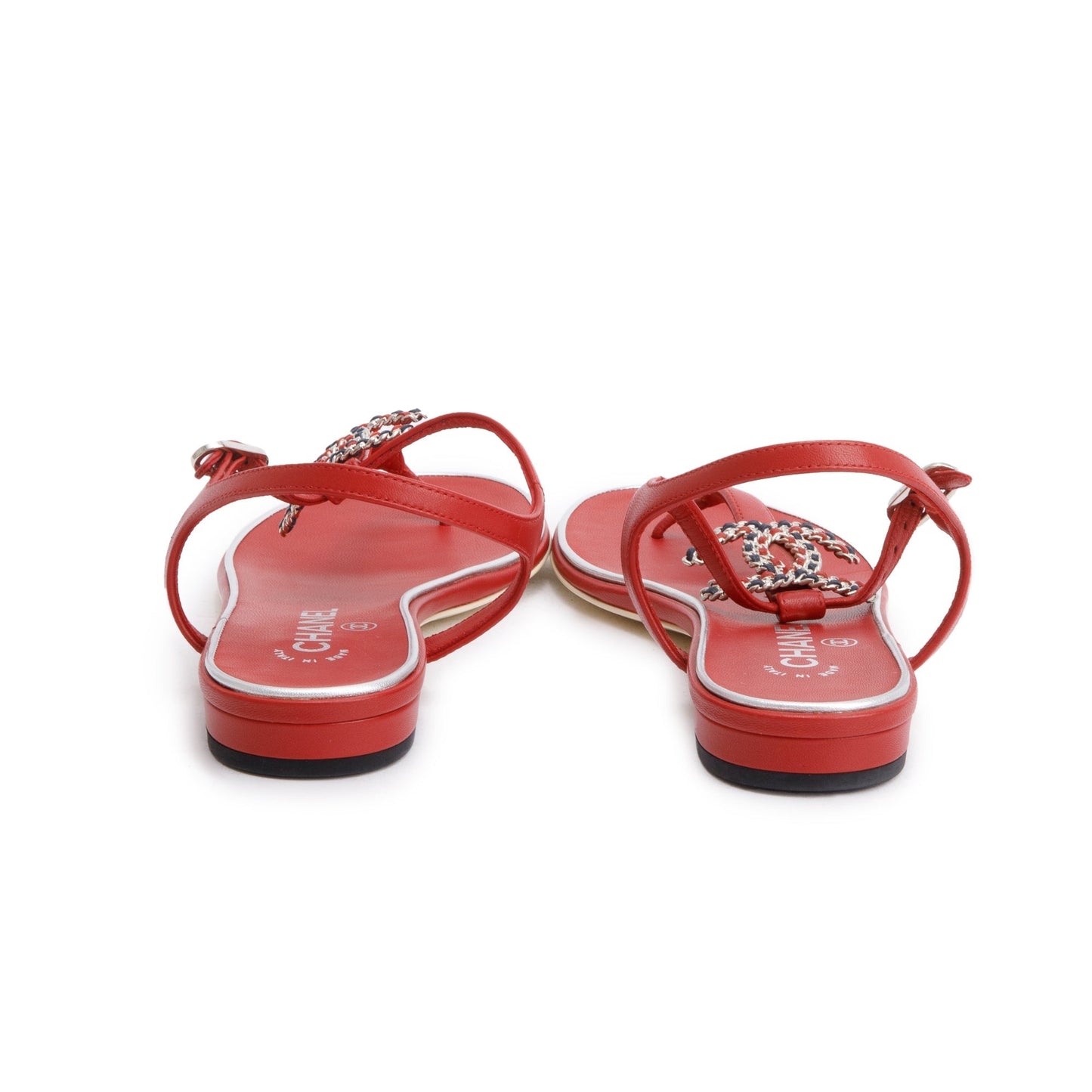 Chanel Red Calfskin Leather CC Logo T-Strap Sandals, Size 37