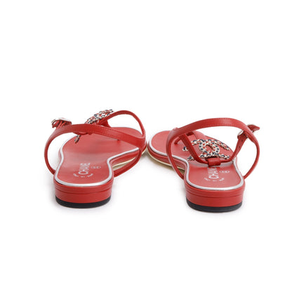 Chanel Red Calfskin Leather CC Logo T-Strap Sandals, Size 37