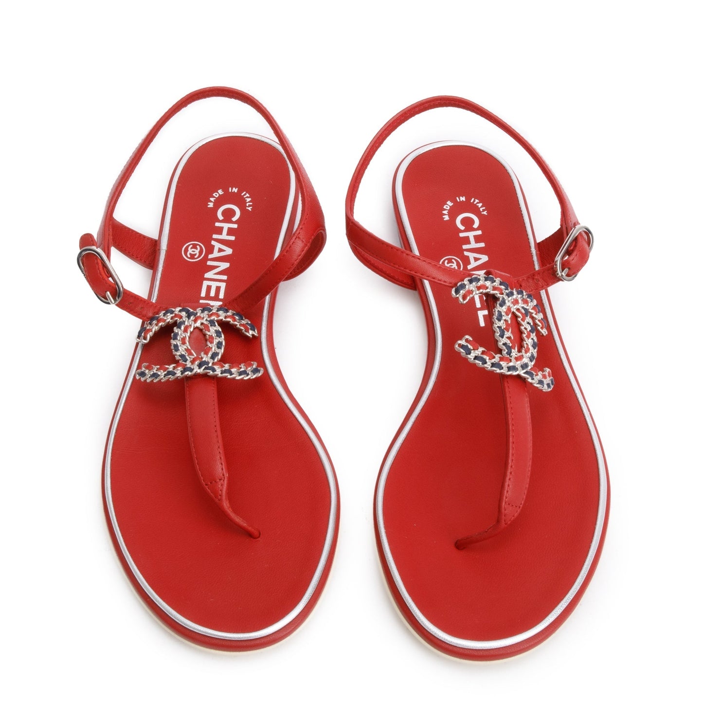 Chanel Red Calfskin Leather CC Logo T-Strap Sandals, Size 37