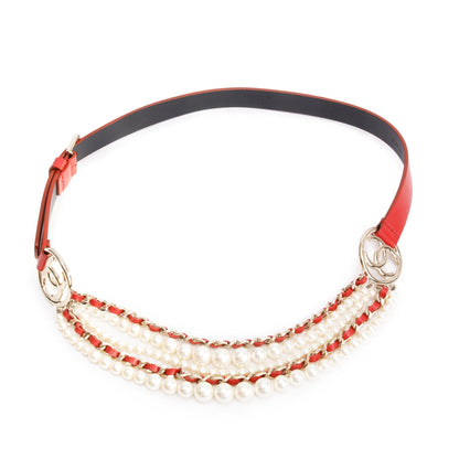 Chanel Red Calfskin Leather CC Pearl Belt 75 30