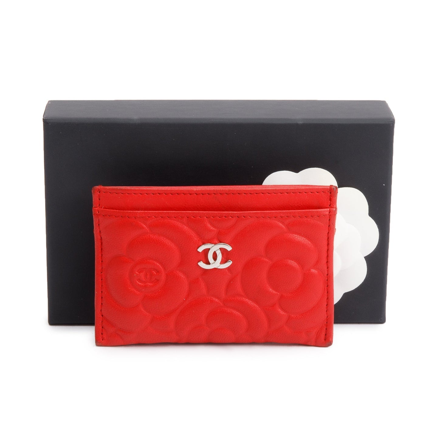 Chanel Red Camellia Embossed Lambskin Leather Classic Card Holder