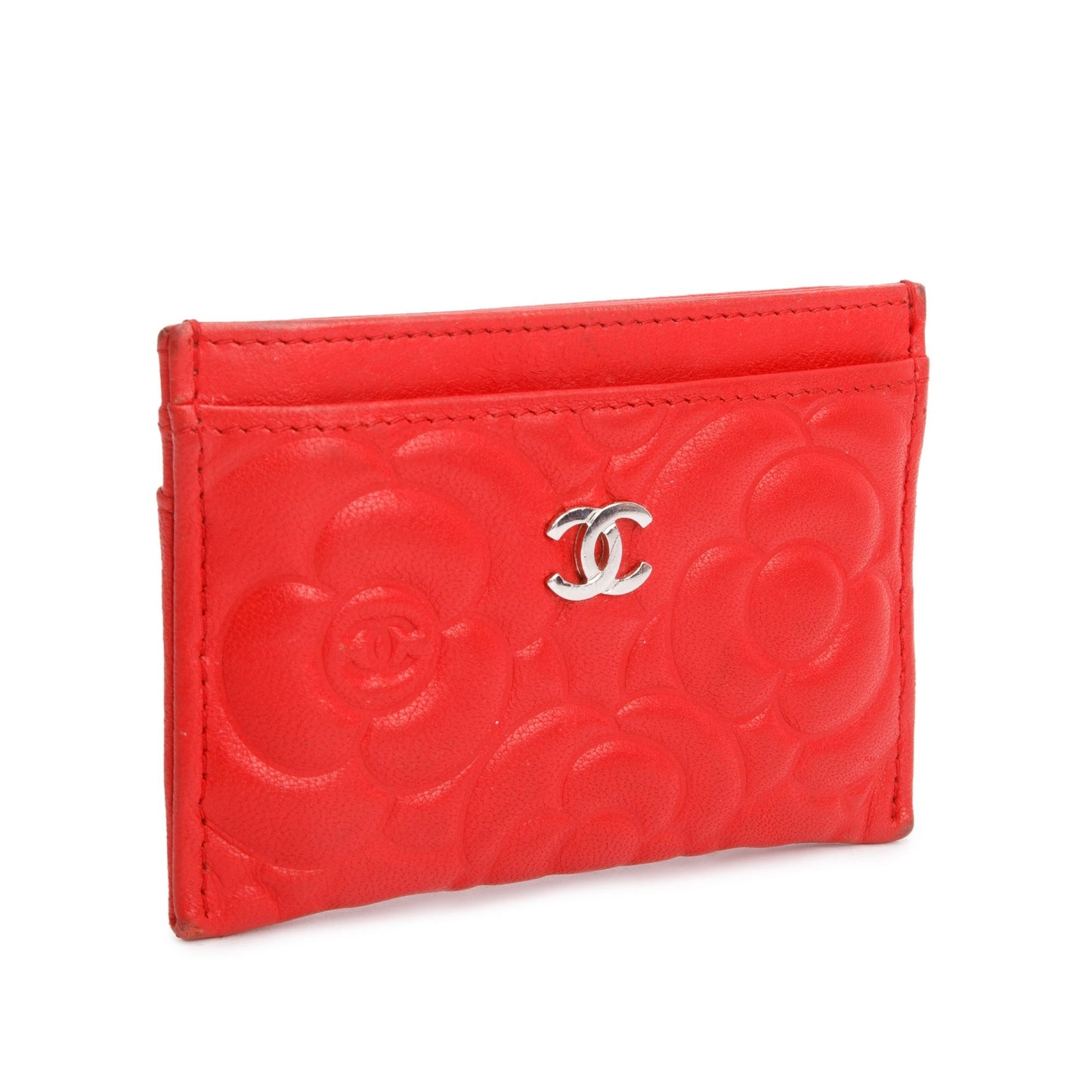 Chanel Red Camellia Embossed Lambskin Leather Classic Card Holder