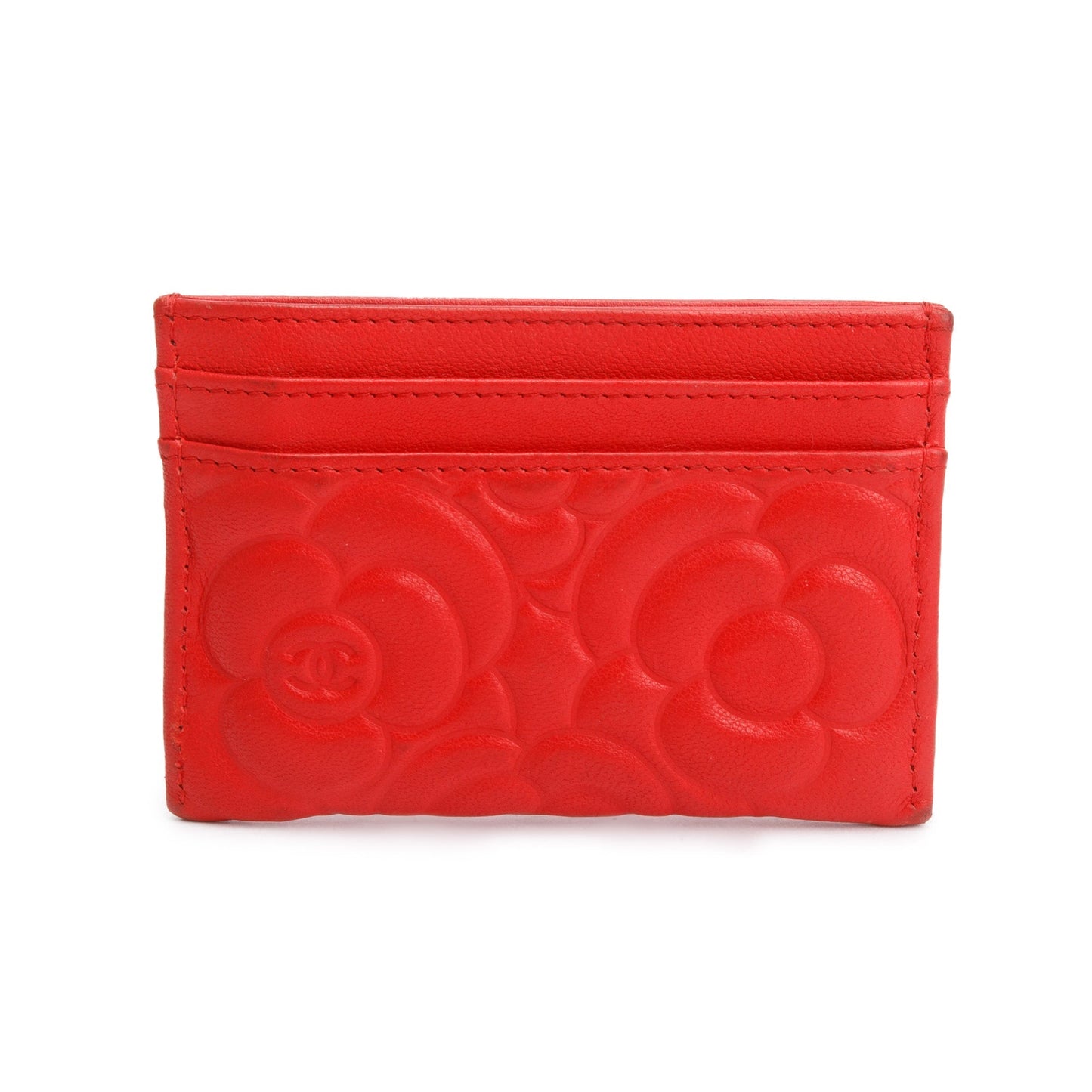 Chanel Red Camellia Embossed Lambskin Leather Classic Card Holder