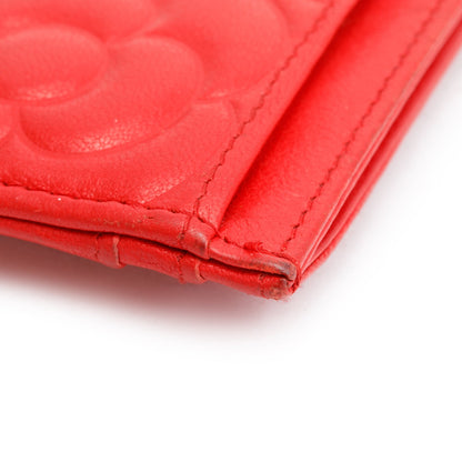 Chanel Red Camellia Embossed Lambskin Leather Classic Card Holder