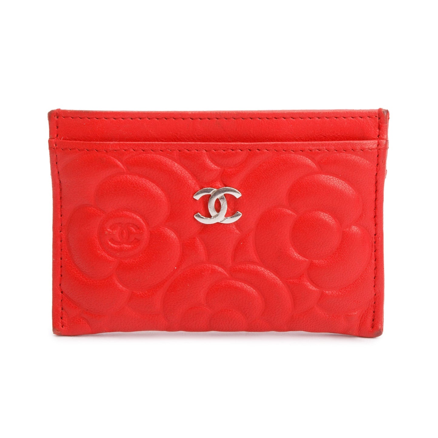 Chanel Red Camellia Embossed Lambskin Leather Classic Card Holder