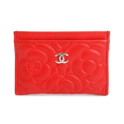 Chanel Red Camellia Embossed Lambskin Leather Classic Card Holder