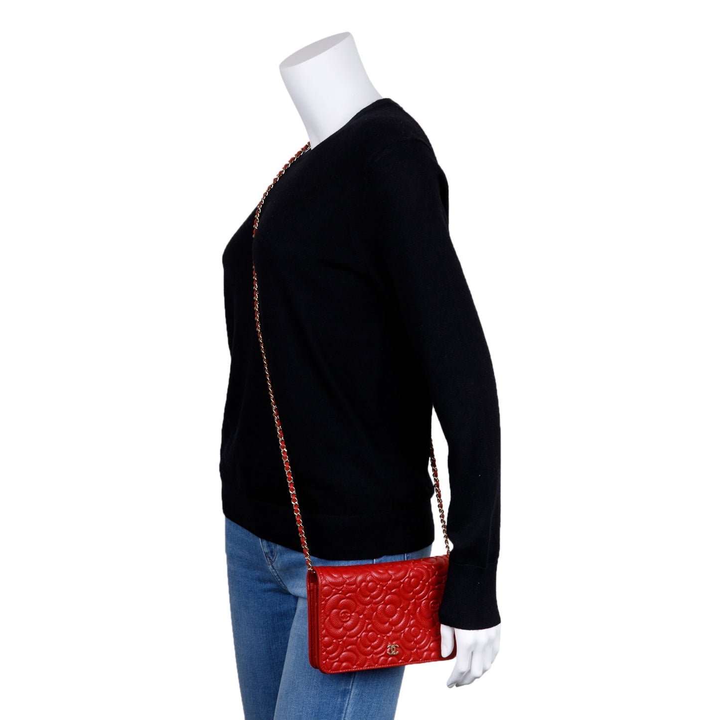 Chanel Red Caviar Camelia Wallet on Chain