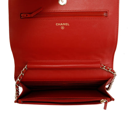 Chanel Red Caviar Camelia Wallet on Chain